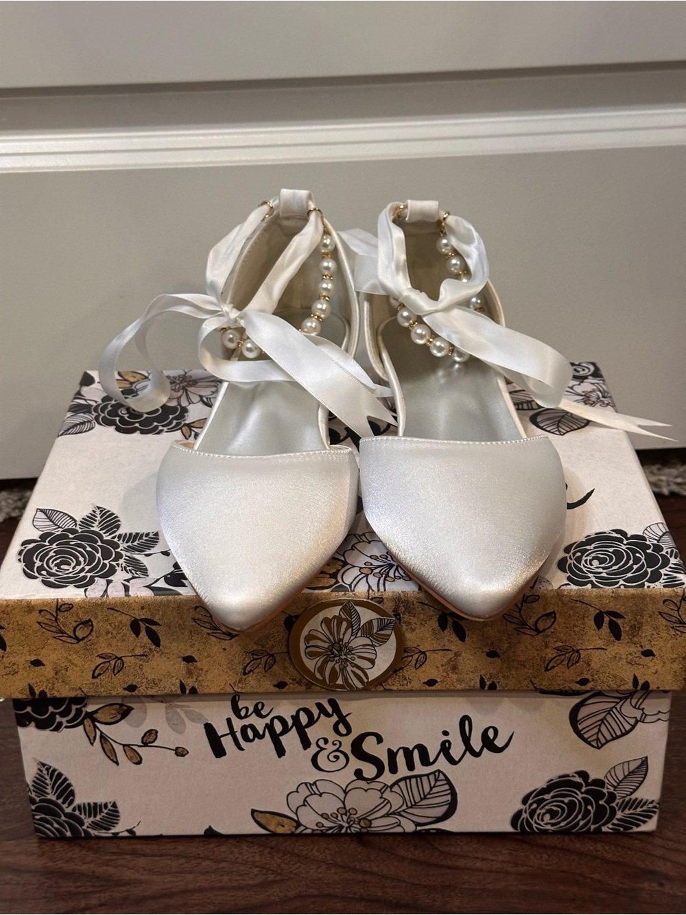 Ivory Satin Pearl Ankle Strap Bridal Flats Pointed Toe Size 39